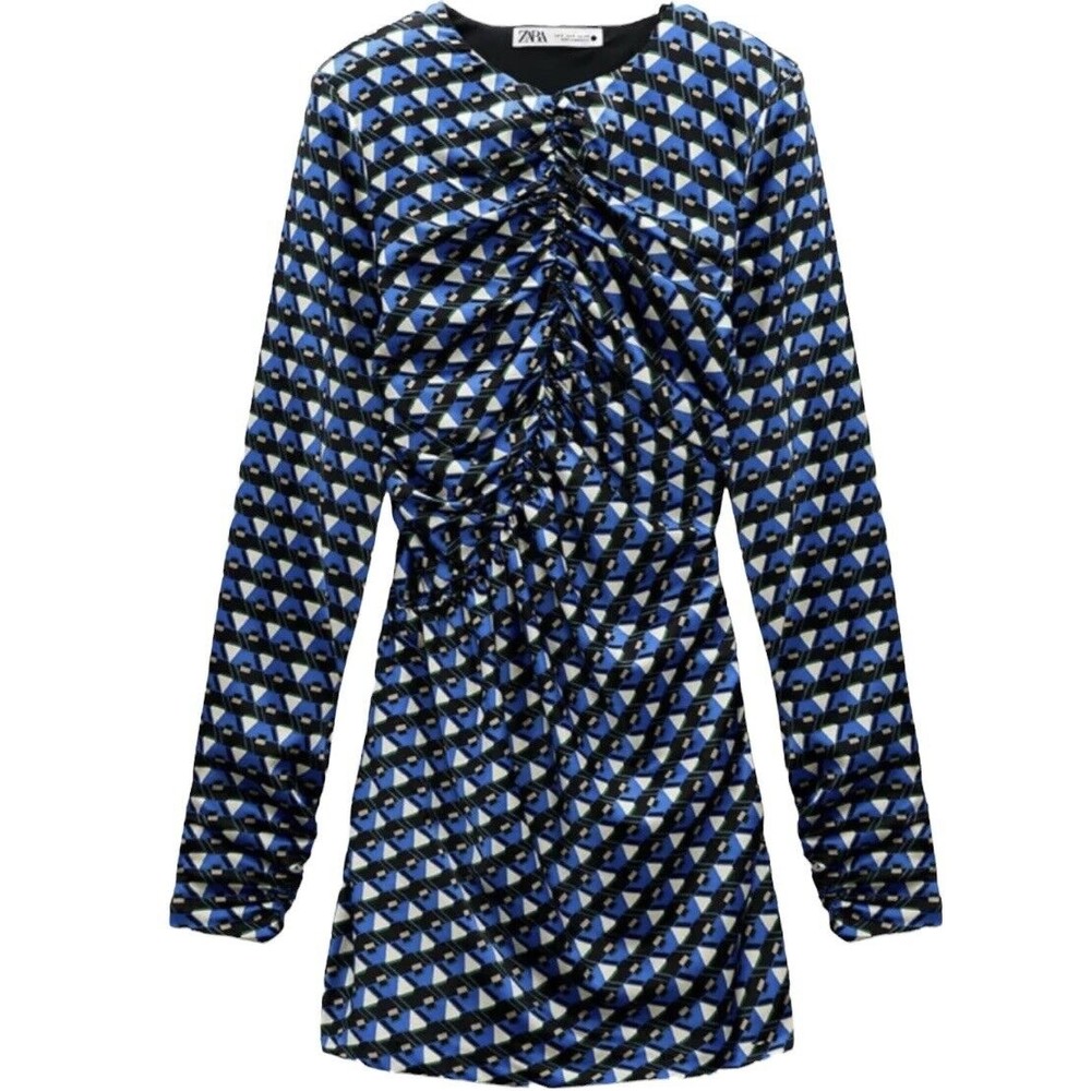 NWT Zara Asymmetrical Mini Dress Size L Modern Long Sleeves Satin Blue Black